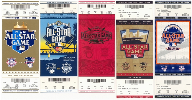 Lot of (5) 2012-16 MLB All Star Game Tickets Including 2012 All Star Game - Mike Trouts All Star Game Debut 